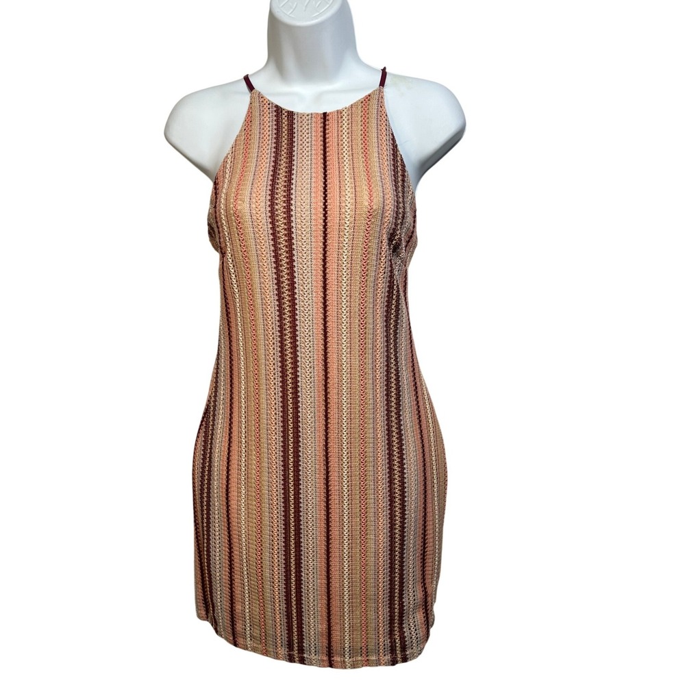 Blue Blush Halter Neck Striped Crochet Mini Dress Medium Orange Burgundy